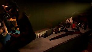 Headshot for a tied girl by a man in pig mask