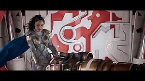Tessa Thompson as Valkyrie in Thor Ragnarok doing a little shimmy!